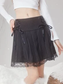ROMWE Fairycore Lace Up Striped Pleated Skirt - Black and White - View 5
