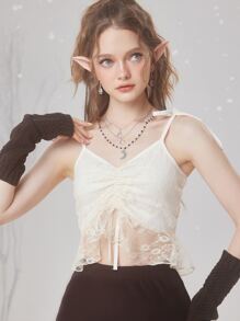 ROMWE Fairycore Áo hai dây Tương phản ren Thắt nút Viên lá sen màu trơn Giải trí - Màu be - Xem 2