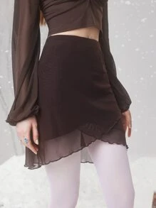 ROMWE Fairycore Váy nữ Bất đối xứng màu trơn Giải trí - Cà phê nâu - Xem 2