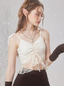 ROMWE Fairycore Áo hai dây Tương phản ren Thắt nút Viên lá sen màu trơn Giải trí - Màu be - Xem 4