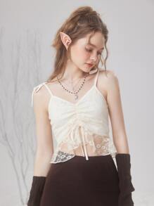 ROMWE Fairycore Áo hai dây Tương phản ren Thắt nút Viên lá sen màu trơn Giải trí - Màu be - Xem 5