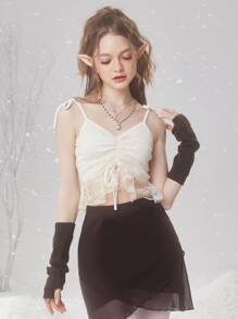 ROMWE Fairycore Áo hai dây Tương phản ren Thắt nút Viên lá sen màu trơn Giải trí - Màu be - Xem 3