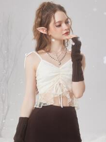 ROMWE Fairycore Áo hai dây Tương phản ren Thắt nút Viên lá sen màu trơn Giải trí - Màu be - Xem 8