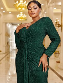 YISIKADO Vestido de vestir fruncido con lentejuelas - Verde Oscuro - Ver 5