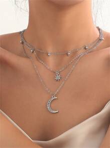 Vòng cổ xếp lớp Rhinestone Moon - Bạc - Xem 1