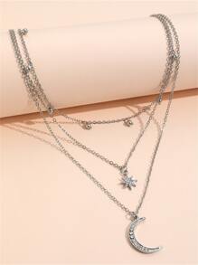 Vòng cổ xếp lớp Rhinestone Moon - Bạc - Xem 3