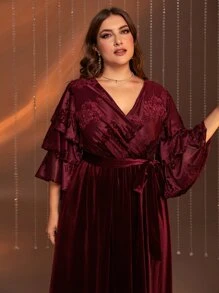Modelyn Burgundy Red Plus Contrast Mesh Layered Sleeve Belted Velvet Dress - Burgundy - View 3