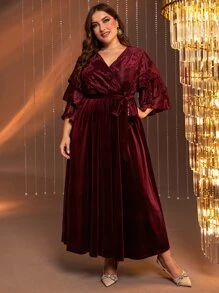 Modelyn Burgundy Red Plus Contrast Mesh Layered Sleeve Belted Velvet Dress - Burgundy - View 4