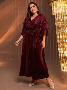 Modelyn Burgundy Red Plus Contrast Mesh Layered Sleeve Belted Velvet Dress - Burgundy - View 5