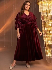 Modelyn Burgundy Red Plus Contrast Mesh Layered Sleeve Belted Velvet Dress - Burgundy - View 6