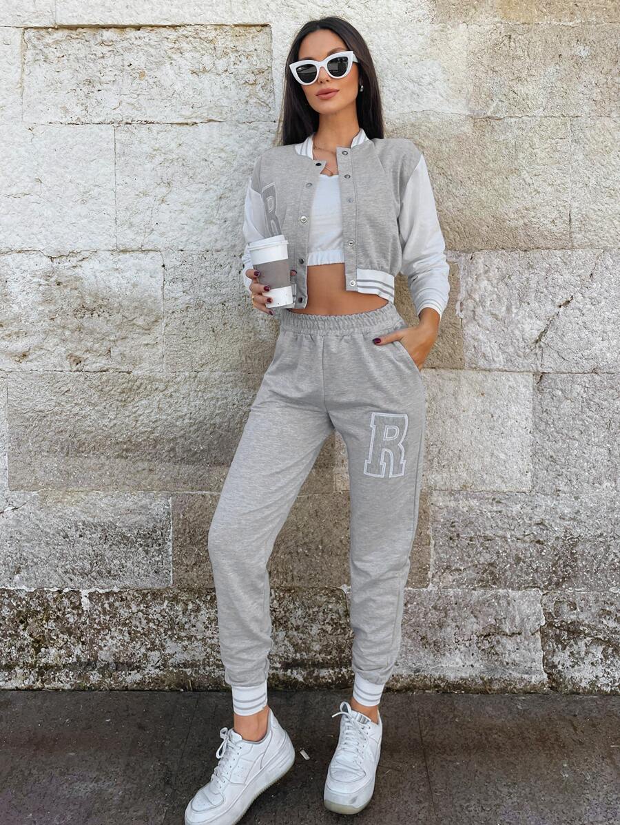 EURMUSE Letter Graphic Button Up Bomber Jacket & Sweatpants - Light Grey - View 1