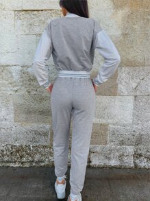 EURMUSE Letter Graphic Button Up Bomber Jacket & Sweatpants - Light Grey - View 2