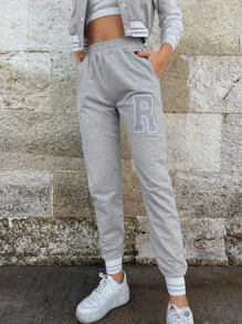 EURMUSE Letter Graphic Button Up Bomber Jacket & Sweatpants - Light Grey - View 3