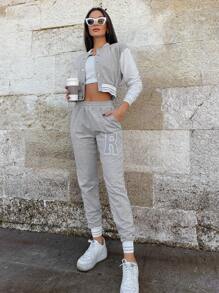 EURMUSE Letter Graphic Button Up Bomber Jacket & Sweatpants - Light Grey - View 5