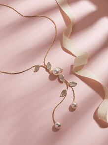 1入葉形鑲鑽&假珍珠裝飾的y型毛衣鏈項鍊 - 金黃色 - 查看 1