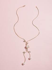 1入葉形鑲鑽&假珍珠裝飾的y型毛衣鏈項鍊 - 金黃色 - 查看 2