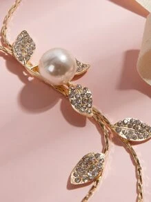 1入葉形鑲鑽&假珍珠裝飾的y型毛衣鏈項鍊 - 金黃色 - 查看 3