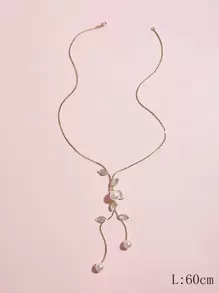 1入葉形鑲鑽&假珍珠裝飾的y型毛衣鏈項鍊 - 金黃色 - 查看 4