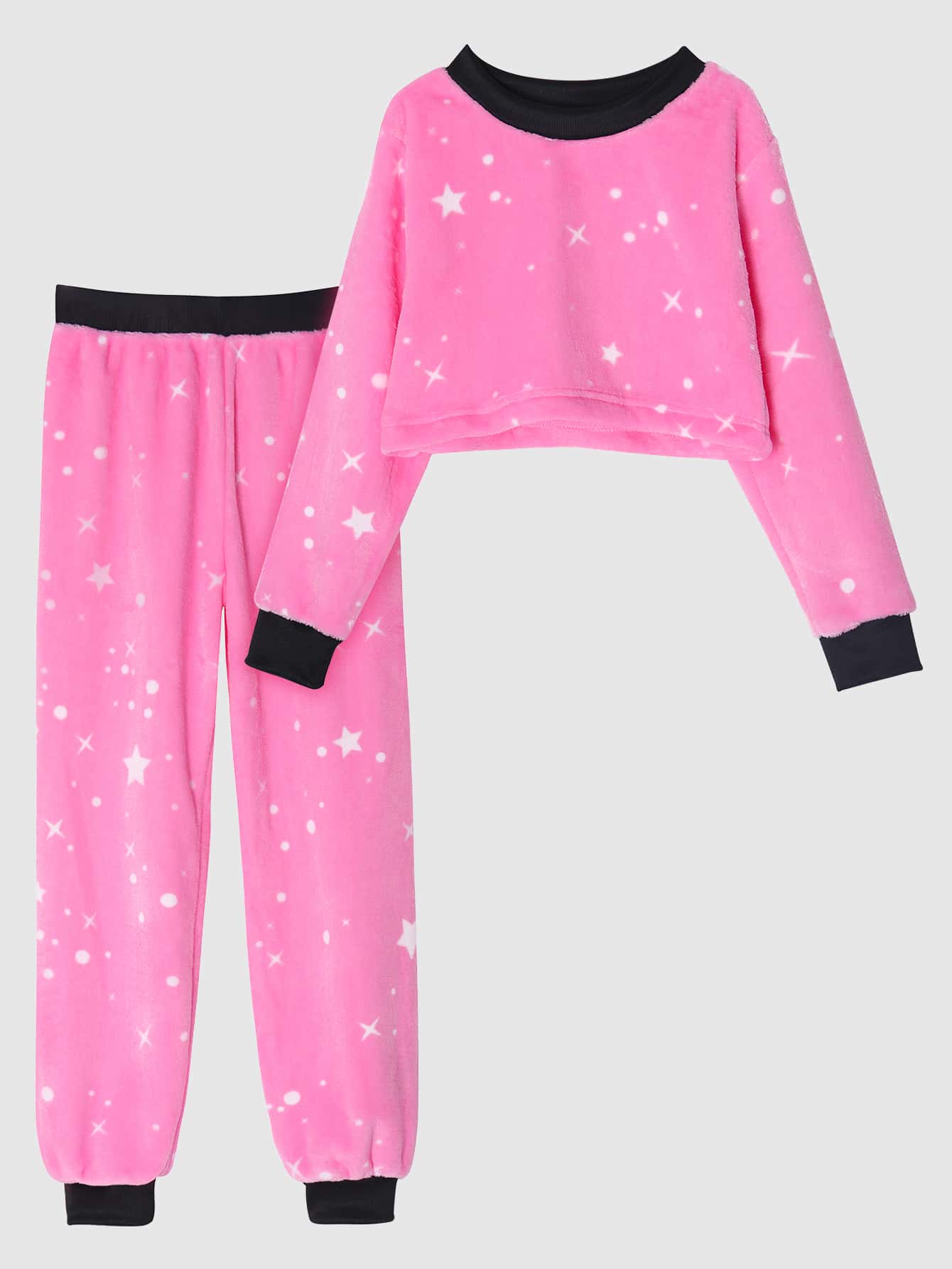 Teen Girl Star Print Drop Shoulder Flannelette Pullover & Trousers - Pink - View 1