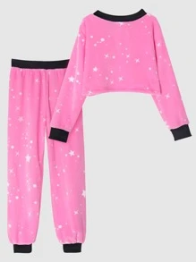 Teen Girl Star Print Drop Shoulder Flannelette Pullover & Trousers - Pink - View 2