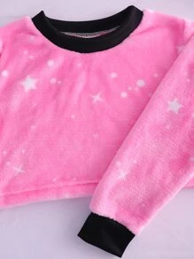 Teen Girl Star Print Drop Shoulder Flannelette Pullover & Trousers - Pink - View 4