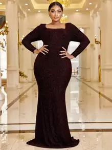 YISIKADO Plus Square Neck Mermaid Hem Glitter Prom Dress - Maroon - View 1