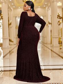 YISIKADO Plus Square Neck Mermaid Hem Glitter Prom Dress - Maroon - View 2