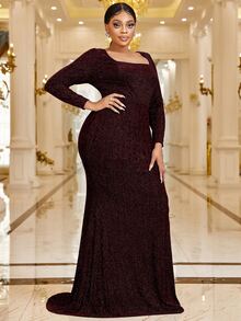 YISIKADO Plus Square Neck Mermaid Hem Glitter Prom Dress - Maroon - View 3