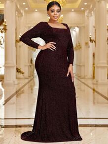 YISIKADO Plus Square Neck Mermaid Hem Glitter Prom Dress