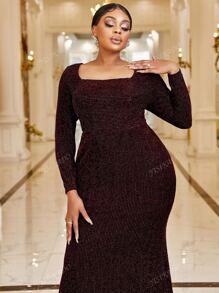 YISIKADO Plus Square Neck Mermaid Hem Glitter Prom Dress