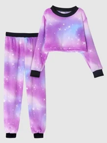 Teen Girl Galaxy Print Drop Shoulder Pullover & Joggers - Multicolor - View 1