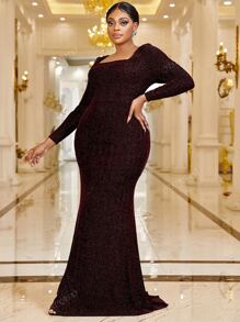 YISIKADO Plus Square Neck Mermaid Hem Glitter Prom Dress