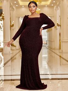 YISIKADO Plus Square Neck Mermaid Hem Glitter Prom Dress - Maroon - View 6