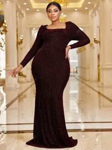 YISIKADO Plus Square Neck Mermaid Hem Glitter Prom Dress