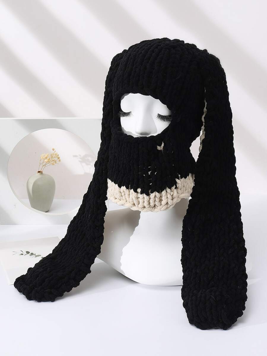 1入全新手工編織的兔耳毛線帽，帶有露出眼睛的設計，日常穿著 - 黑色 - 查看 1