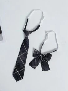 1 套格子印花领结和领带回到学校制服领带 - 彩色 - 查看 2