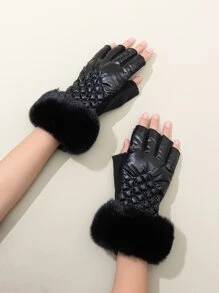 Fluffy Trim Fingerless Gloves - Black - View 2