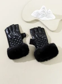 Fluffy Trim Fingerless Gloves - Black - View 3