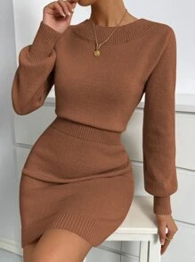 SHEIN Privé Solid Round Neck Jumper Dress - Redwood - View 1