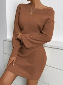 SHEIN Privé Solid Round Neck Jumper Dress - Redwood - View 3