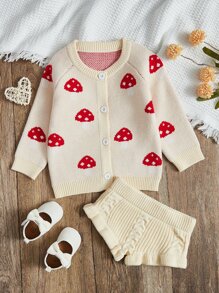 Baby Mushroom Pattern Cardigan & Ruffle Trim Knit Shorts - Apricot - View 1