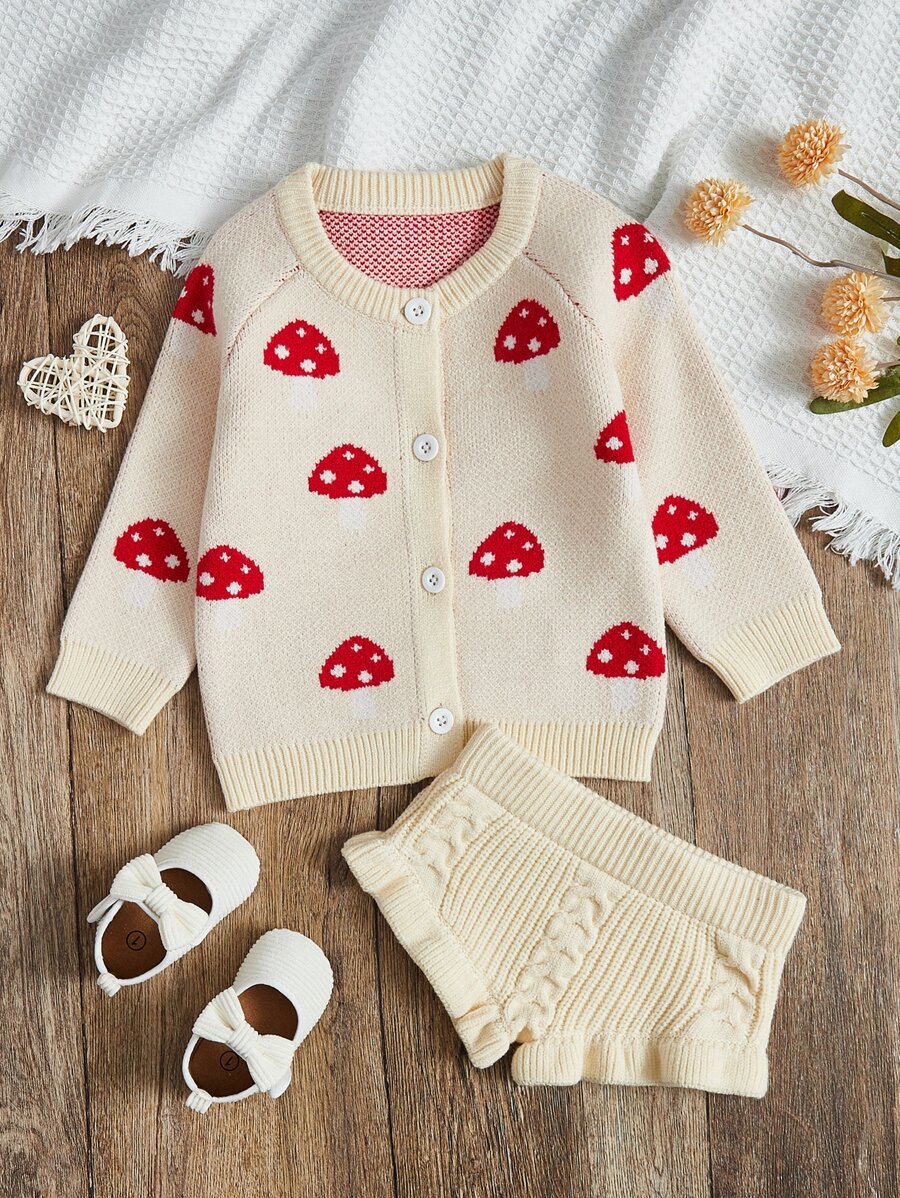 Baby Mushroom Pattern Cardigan & Ruffle Trim Knit Shorts - Apricot - View 1