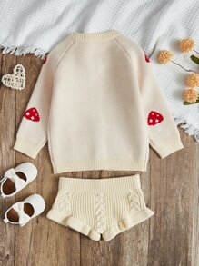Baby Mushroom Pattern Cardigan & Ruffle Trim Knit Shorts - Apricot - View 2