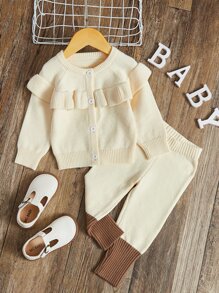 Baby Ruffle Trim Raglan Sleeve Cardigan & Knit Trousers - Beige - View 1