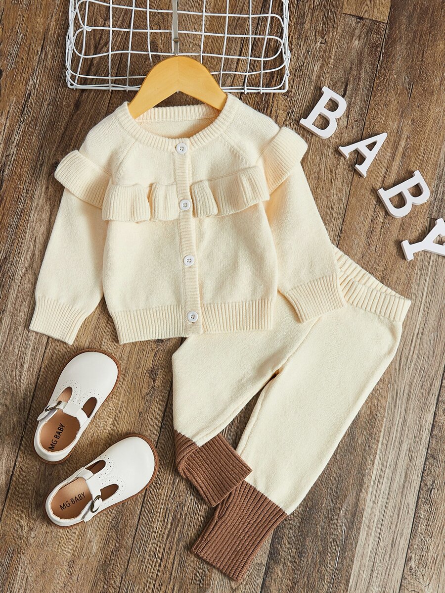 Baby Ruffle Trim Raglan Sleeve Cardigan & Knit Trousers - Beige - View 1