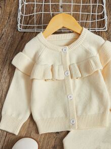 Baby Ruffle Trim Raglan Sleeve Cardigan & Knit Trousers - Beige - View 3