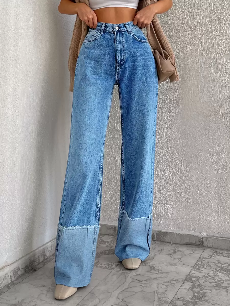 RueChic Raw Trim Wide Leg Jeans - Royal Blue - View 1