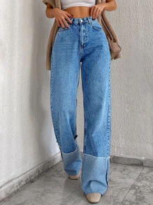 RueChic Raw Trim Wide Leg Jeans - Royal Blue - View 6