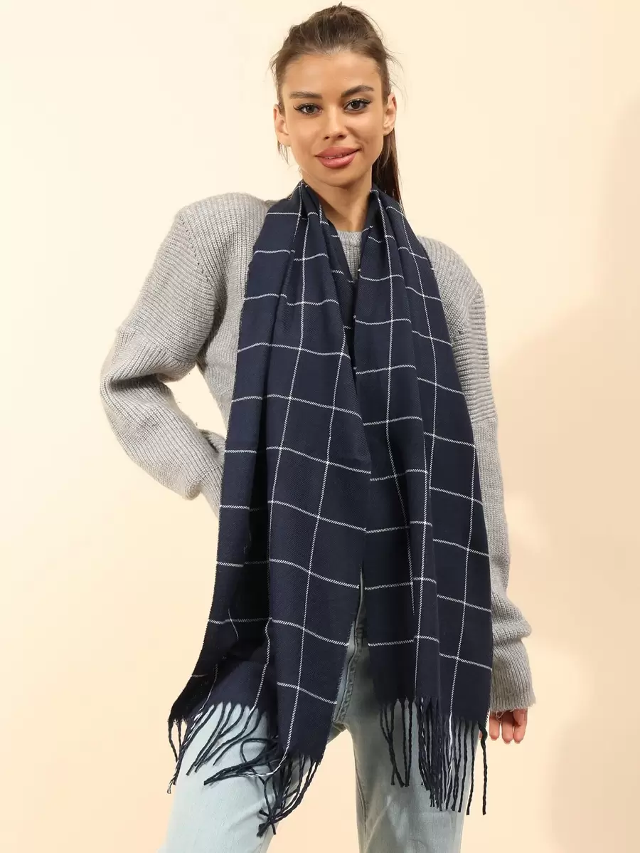 1pc Unisex Imitation Cashmere British Plaid Pattern Scarf, Suitable For Daily Wear - Navy Blue - View 1