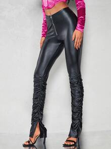 SHEIN BAE Zip Up Ruched PU Leather Trousers - Black - View 4